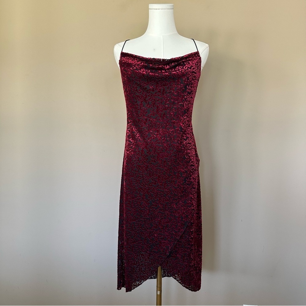 VTG 90s Y2k Velvet Burn Out Strappy Dress Women L Red Black Whimsigoth Bodycon - Picture 8 of 8
